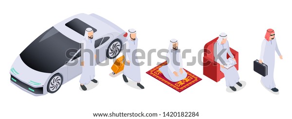 Muslim isometric. Arab 3d people, saudi\
businessmen in traditional clothes. Arabian isolated vector\
characters. Illustration of saudi muslim and arabian people,\
businessman traditional\
arabia