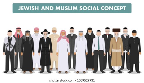 Muslim and jewish social concept. Group old people standing together in different traditional clothes in flat style. Israeli and arabic man in the national dress. Vector illustration.