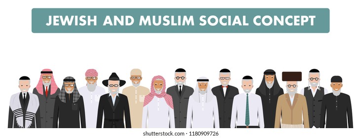 Muslim and jewish social concept. Group old people standing together in different traditional clothes in flat style. Israeli and arabic man in the national dress. Vector illustration.