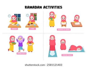 Muslim kid activities during ramadan. Little girl pose of sahoor and iftar, reading Al Quran, praying and giving gifts. Isolated vector illustration with white background for icon and clipart.