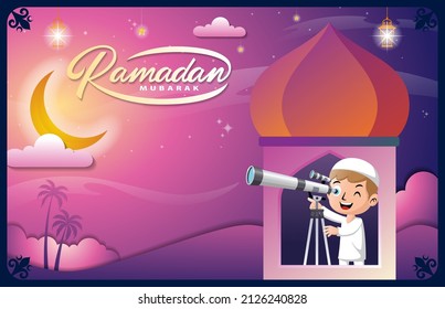 Muslim kid cartoon looking through a telescope into crescent moon at ramadan night