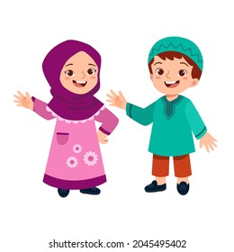 Muslim kid children boy and girl say hello greeting