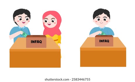 Muslim kid doing charity vector. Boy and girl giving money to infaq box. Islamic character illustration for education