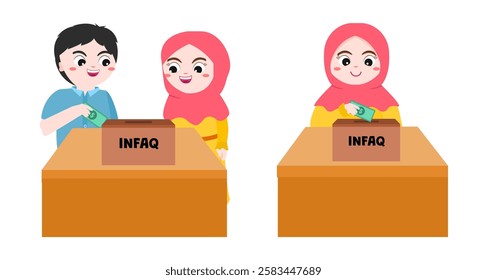 Muslim kid doing charity vector. Boy and girl giving money to infaq box. Islamic character illustration for education
