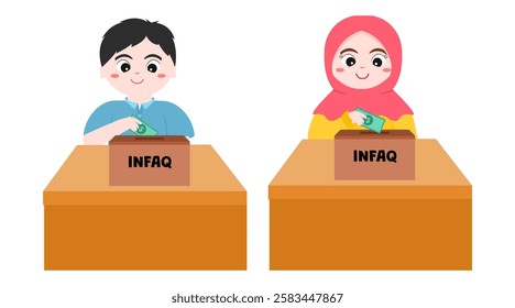 Muslim kid doing charity vector. Boy and girl giving money to infaq box. Islamic character illustration for education
