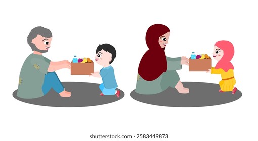 Muslim kid doing charity vector. Boy and girl giving donation to poor people. Islamic character illustration for education