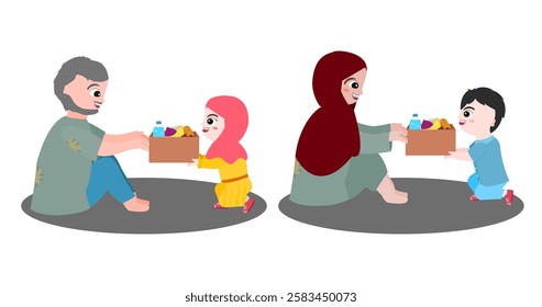 Muslim kid doing charity vector. Boy and girl giving donation to poor people. Islamic character illustration for education