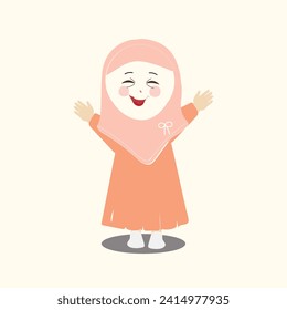 Muslim kid, little girl ramadan cartoon vector illustration. Cute female child in traditional clothes. Happy and smiling children character in hijab. Muslim girl in different action