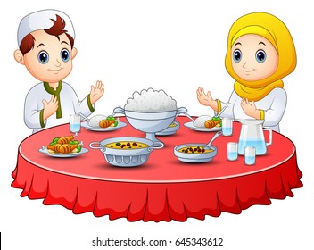 Muslim Kid Pray Together Before Break Fasting