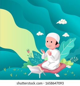Muslim Kid prayer flat design background