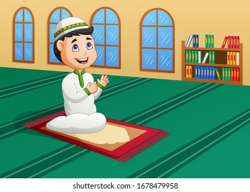 Muslim Kid Praying in Mosque. Vector illustration