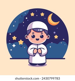 Muslim kid praying vector illustration and night sky with full of stars background ramadan kareem