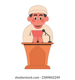 Muslim kid read the news in front of the podium