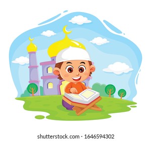 
Muslim kid read the Qur'an with the background of the mosque