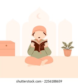 Muslim kid read quran illustration