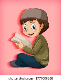 Muslim kid reading books illustration
