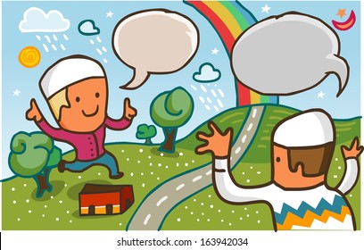 Muslim Kid Salam. hand drawn Vector illustration