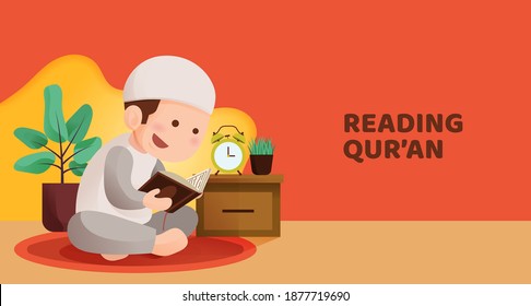 Muslim Kid Sit and Reading Quran with Happy Smile Face, Reciting Holy Book of Islam