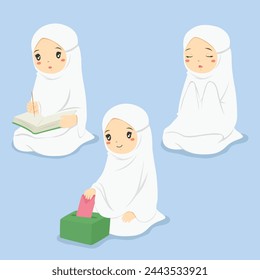 Muslim kids cartoon vector set. Muslim girl praying, reading Quran, and giving charity on the charity box