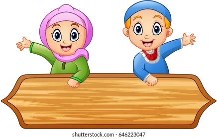 Muslim kids cartoon with wooden sign