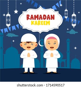 Muslim kids celebrate ramadan kareem with mosque silhouette background in the night. Ramadan flyer with lantern, stars, and crescent. Simple flat design.