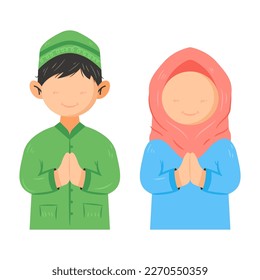 Muslim kids' character illustration thanking, greeting, apologize, farewell pose  by using two hand palms spliced together isolated white background