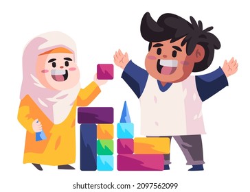 Muslim kids children play bloks briks stacking colorful wooden cubes wearing veil friend boys and girls