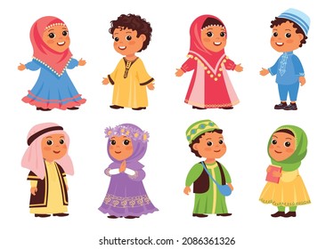 Muslim kids. Funny Arab boys and girls in traditional clothes. Happy little Islamic children national outfit. Young people wear hijab or skullcap. Vector persons set in