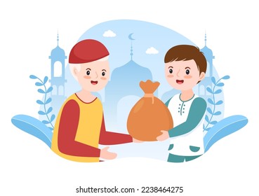 Muslim Kids Giving Alms, Zakat or Infaq Donation to a Person Who Need it in Flat Cartoon Poster Hand Drawn Templates Illustration