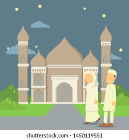 muslim kids going to mosque vector illustration design