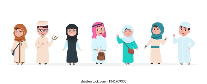 Muslim kids. Islamic children cartoon characters. School boy and girl in saudi traditional clothes vector set