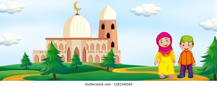 Muslim Kids With Mosque Background Illustration