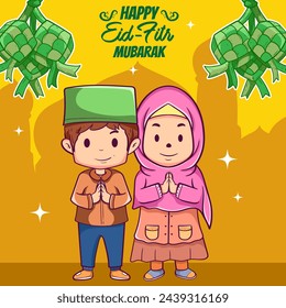 Muslim kids or people celebrating or wishing their festival eid fitr Mubarak greeting card banner