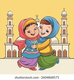 Muslim kids people hugging and wishing eid mubarak celebration background. happy eid mubarak