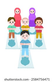 Muslim Kids Praying together. Children perform congregational prayer isolated vector. Islamic illustration for education. 