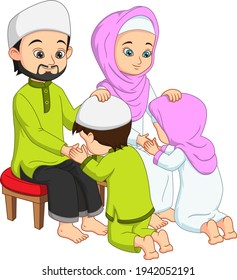 Muslim kids prostrating and kissing his parents hands