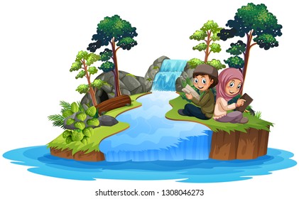 Muslim kids reafing book in nature illustration
