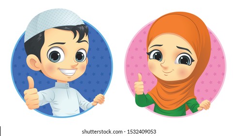 Muslim Kids Show Thumb Up, Vector EPS 10