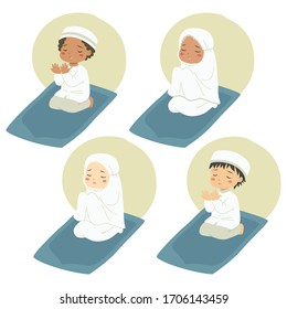 Muslim Kids Sitting On A Prayer Mat And Praying. Muslim Children Characters Vector Set