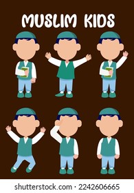 Muslim kids vector illustrations with charming and expressive in various poses