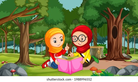 Muslim kids wears traditional clothes reading a book in the forest scene illustration