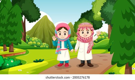 Muslim kids wears traditional clothes in the forest scene illustration