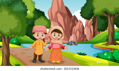 Muslim kids wears traditional clothes in the forest scene illustration