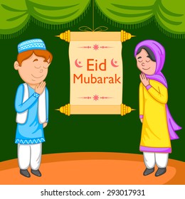 Muslim kids wishing Eid mubarak,Happy Eid in vector