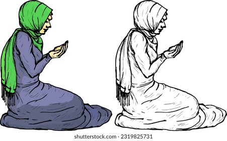 Muslim lady wearing hijab perform the Islamic prayer, isolated against white. Hand drawn vector illustration.