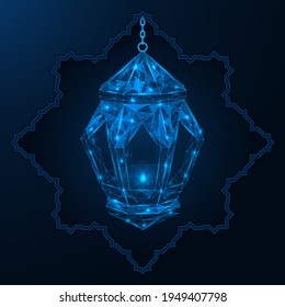 A Muslim lantern hanging on a chain. The holy month of Ramadan. Low-poly design of interlocking lines and dots. Blue background.