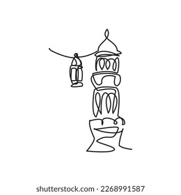 Icono de línea musulmana. Línea Eid - Símbolo del icono Ramadán. Sencillo dibujo de línea de Minaret y linterna tradicional. Ilustración vectorial de Minaret y linterna para icono, símbolo, logotipo ramadan, eid, hajj, umrah.