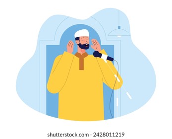 A Muslim makes the call to prayer when entering prayer time, vector illustration.