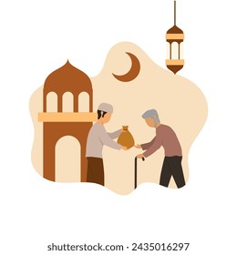 Un musulmán dona a los necesitados. Ilustración de un hombre musulmán dando zakat en el mes de Ramadán en estilo plano. La limosna es una de las buenas prácticas en el mes de Ramadán.