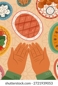 Muslim making dua before breaking his fast. Vector cartoon character raising hands to make praying, iftar meals on table. Evening eating during holy Islamic month. Ramadan traditions
